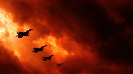 Fighter jets of the United States Air Force fly together through a fiery sky, showcasing teamwork during an attack mission.の素材