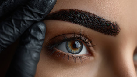 Cosmetologist expertly creates permanent makeup on eyebrows for a client in a bright beauty studio, enhancing natural features.の素材