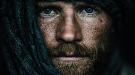 Noah appears with intense focus and strength, showcasing a rugged look that reflects his enduring spirit and the trials he faces.の素材