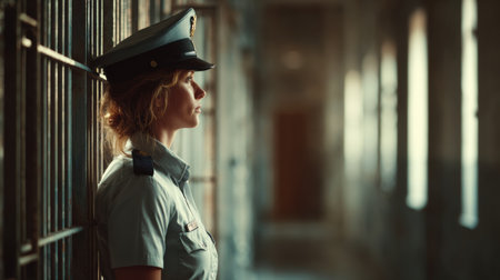 A female officer stands guard in the state penitentiary corridor, observing the surroundings during late afternoon.の素材