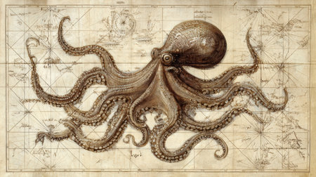 This artwork showcases an old map adorned with an illustrated octopus sea monster, presenting vintage textures on a blank parchment background.の素材