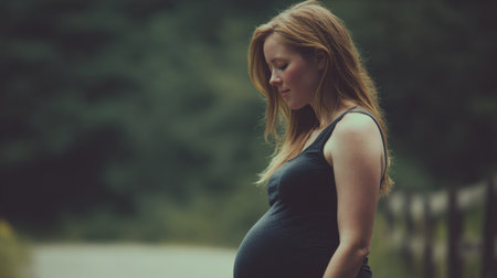 A beautiful young pregnant woman stands quietly, reflecting in a serene outdoor setting with fading sunlight.の素材