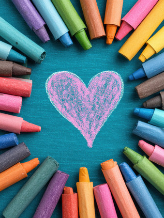 A heart doodle in pink chalk sits in the center of a turquoise background, surrounded by vibrant crayons showcasing an artistic moment.の素材