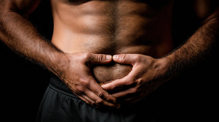 A person demonstrates the belly fat grab technique to showcase body composition during a diet consultation session in a studio.の素材