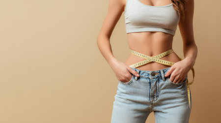 Subject stands confidently in fitted jeans, featuring drawn graphics on a soft pastel beige backdrop, highlighting a slimming effect.の素材