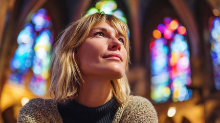 Woman with short blonde hair prays quietly in a church, surrounded by colorful stained glass windows reflecting sunlight.の素材