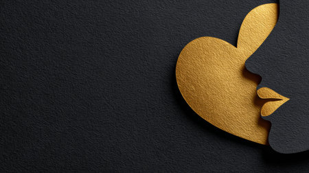 Golden heart appears to be blown from silhouette lips against a black matte background, evoking themes of love and elegance with a premium touch.の素材