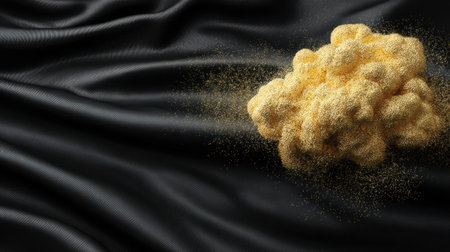 A vibrant cloud of 24k gold glitter rests on an expansive area of empty black satin, showcasing a scene for a luxury event.の素材