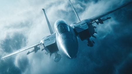 A military jet flies through thick clouds, representing the United States Air Force engaged in a strategic maneuver during a mission.の素材