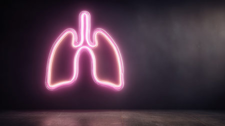 Neon contours depict a lung scan set in a dark medical space, emphasizing a minimalistic design that highlights the lungs.の素材