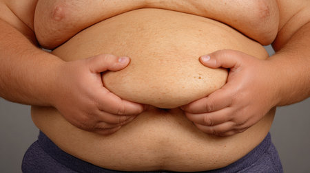 A diet consultant shows the belly fat grab technique for client understanding in a well-lit studio.の素材