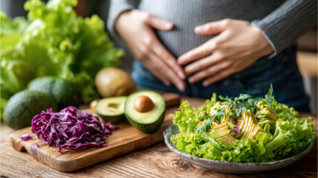 Close-up of a hand squeezing a belly next to colorful healthy foods like salad and avocado, emphasizing diet and well-being.の素材