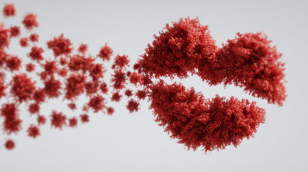 Red particles form a heart shape, representing an air kiss, conveying a health-friendly message in a clean, white space.の素材