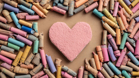 A childlike heart made from pink crayon sits in the center, surrounded by colorful crayon pieces on textured pastel paper in a spacious art area.の素材
