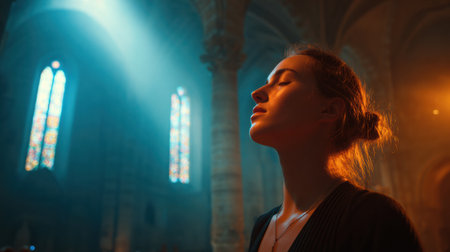 An attractive woman stands in prayer inside a beautiful church as sunlight streams through stained glass windows, creating a tranquil atmosphere.の素材