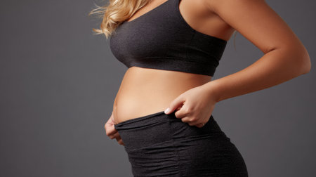 A clear demonstration of the belly fat grab technique, showcasing skin detail during a diet consultation in a studio environment.の素材