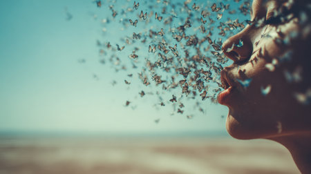 A person blows a kiss that turns into butterflies, creating a surreal scene in a vast, empty, dreamy sky.の素材