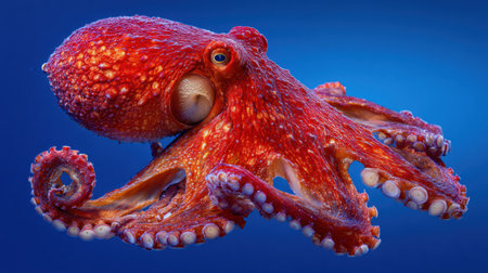A vibrant crimson octopus displays its strong tentacles against a cobalt blue ocean background, highlighting its dynamic movement and beauty.の素材