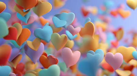 Soft colored clay hearts float through the air, creating a joyful scene ideal for events like parties and decorations with a blank area for text.の素材