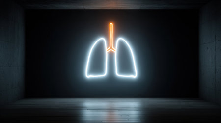 A lung scan outlined in neon lights creates a striking visual in a dark, minimal environment focused on medical themes.の素材