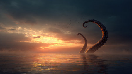 A giant octopus tentacle emerges from deep water at sunrise, creating an elegant scene against a calm sky.の素材