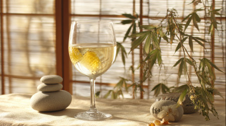 A calming scene featuring a glass of wine next to bamboo leaves and gentle shoji light, evoking tranquility and relaxation.の素材