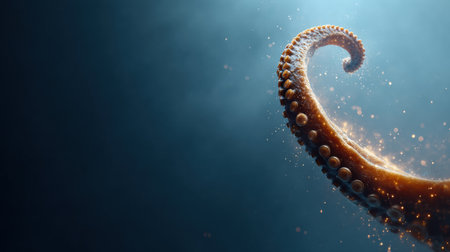 A giant octopus tentacle emerges from deep water, illuminated by soft cinematic lighting in a minimal ocean background.の素材