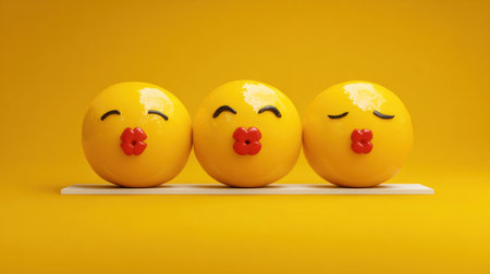 Three glossy clay emojis blowing kisses are positioned playfully against a vibrant yellow backdrop, with ample space for text.の素材