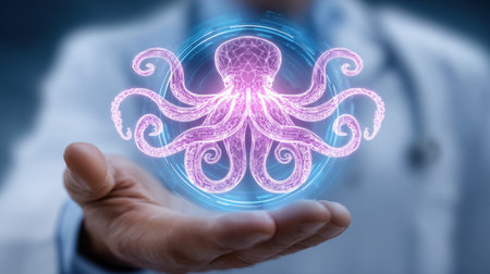 In a sterile medical setting, a futuristic octopus doctor holds a glowing hologram of a liver scan while showing advanced medical technology.の素材
