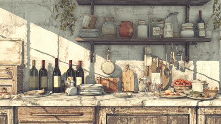 A warm country scene features wine bottles and fresh fruits on a wooden counter, creating an inviting farmhouse kitchen atmosphere.の素材