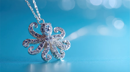 A stunning silver octopus necklace hangs gracefully against a premium luxury background, showing intricate design and elegance.の素材