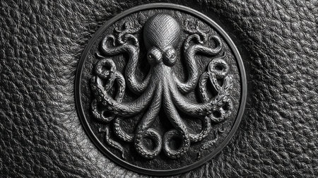 An embossed octopus design on rich leather showcases premium quality, ideal for high-end product displays or branding materials.の素材