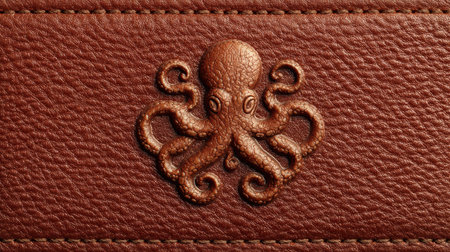 Beautifully crafted embossed octopus icon on a rich leather texture, ideal for showcasing premium products and enhancing brand appeal.の素材
