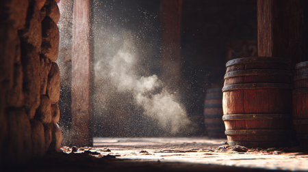 A dark cellar reveals wooden barrels and glowing dust particles illuminated by light, capturing an eerie yet cinematic depth and ambiance.の素材