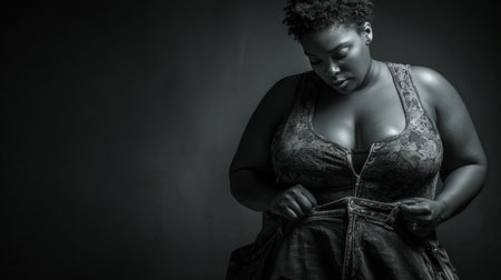 A woman with a curvy figure attempts to zip her jeans in a low-light setting, expressing determination and self-reflection.の素材