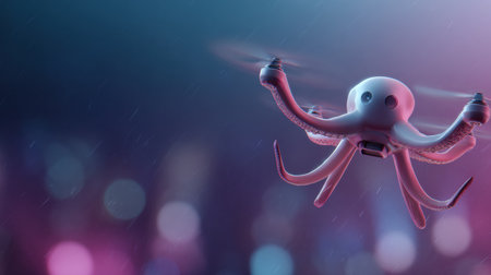 A metallic octopus drone hovers gracefully over a vibrant neon skyline, blending nature and technology in a futuristic scene at twilight.の素材