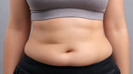 Close-up view of a female abdomen displaying softness and natural folds against a gentle pastel backdrop in a professional setting.の素材