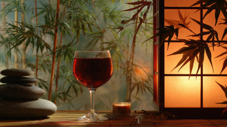 A serene moment captured with a glass of wine beside soothing bamboo leaves, illuminated by soft shoji light.の素材