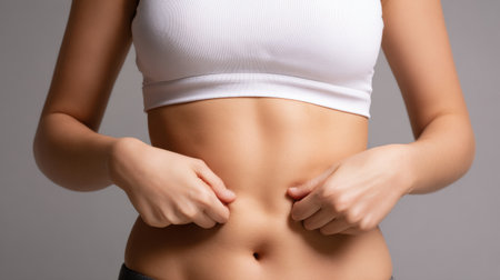 A woman is using both hands to pinch her abdominal area, focusing on fat rolls and cellulite, reflecting healthcare attitudes about body image.の素材