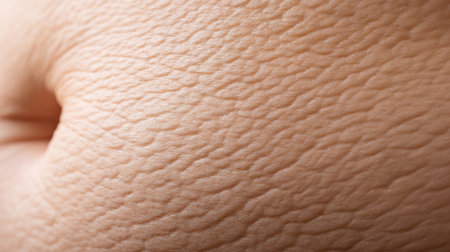 Close-up perspective reveals dimpled skin on a belly, highlighting cellulite and stretch marks with a clinical photography style.の素材