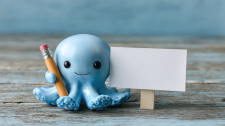 A charming octopus holding a pencil next to a notebook sits beside a blank board, perfect for school marketing and educational themes.の素材