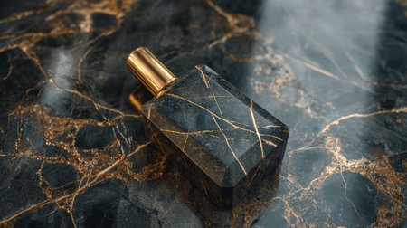 Stunning bottle placed on luxurious black marble displaying golden veins, perfect for premium product presentation.の素材