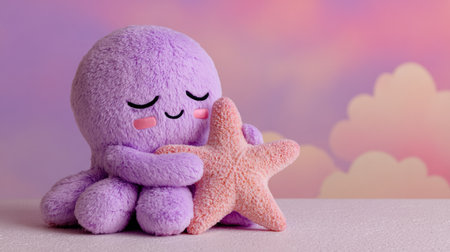 A small, adorable octopus cuddles a pink plush starfish on a light pastel backdrop, creating a peaceful and cheerful moment.の素材