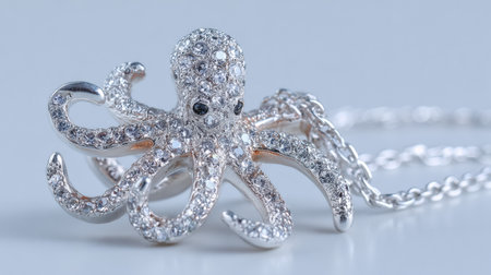 An exquisite silver octopus necklace shines with intricate details, set against a premium glossy backdrop that enhances its luxury appeal.の素材