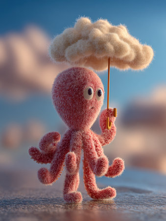 A cute octopus stands cheerfully with an umbrella, looking playful under a soft cloud in a sunny weather scene.の素材