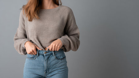 A woman is visibly frustrated as she cannot button her tight jeans due to her belly size, reflecting her struggle with diet failure.の素材
