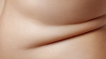 Detailed observation of belly skin reveals dimpling, stretch marks, and cellulite in a clinical macro photography style, emphasizing texture.の素材