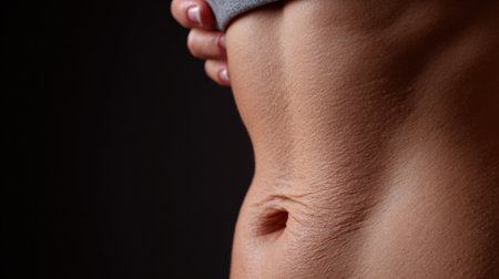 Belly skin exhibits dimpling, cellulite, and visible stretch marks in a clinical macro photography style, highlighting skin texture details.の素材