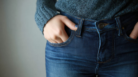 A person stands at home frustrated with tight jeans that cannot be buttoned, reflecting lifestyle challenges with diet failure.の素材