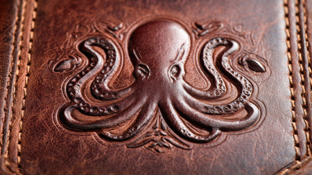 The embossed octopus icon stands out on a rich leather surface, highlighting skillful design and premium quality for a sophisticated look.の素材